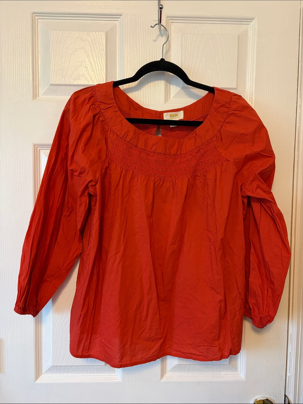 Anthropologie Bright Red Smocked Yoke Peasant Top